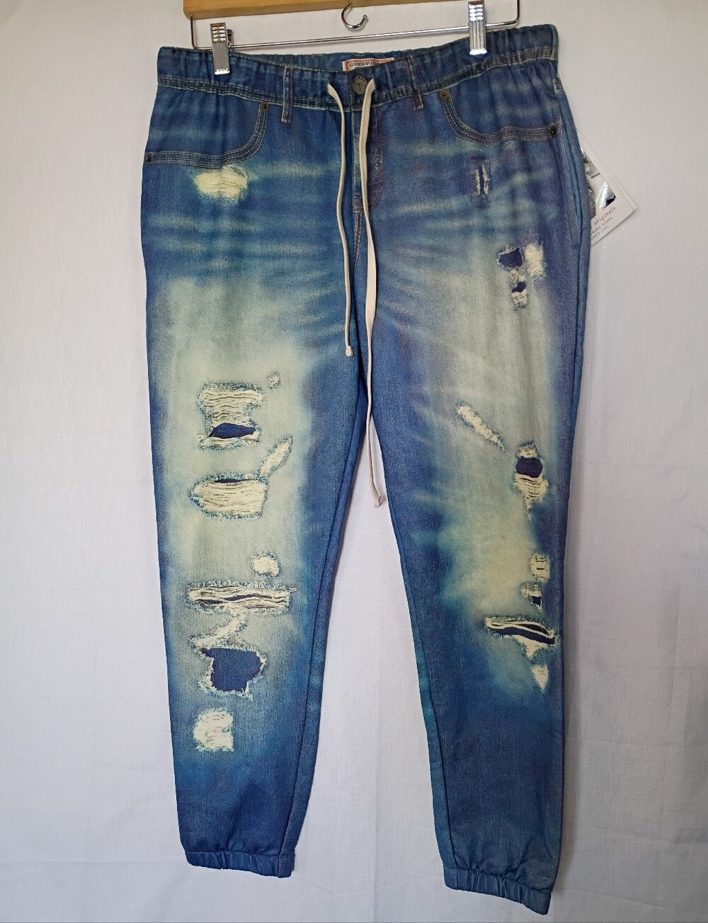 Guess Vintage Lounge Fleece Blue Jogger Jeans - Drawstring Waist Size L